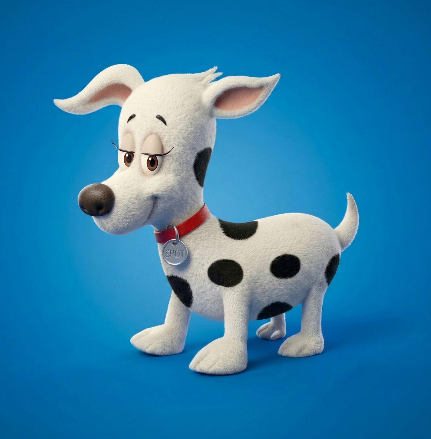Spot, a white puppy with black spots, wearing a red collar with a tag that says SPOT