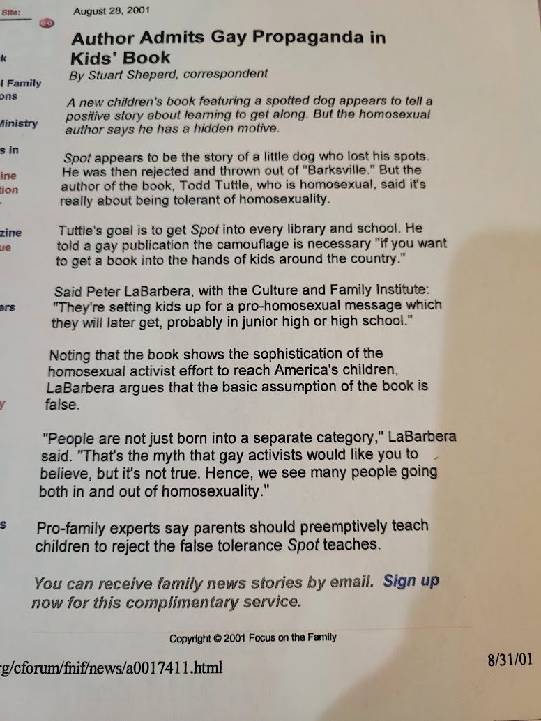 Focus on the Family article headlined 'Author Admits Gay Propaganda in Kids Book'