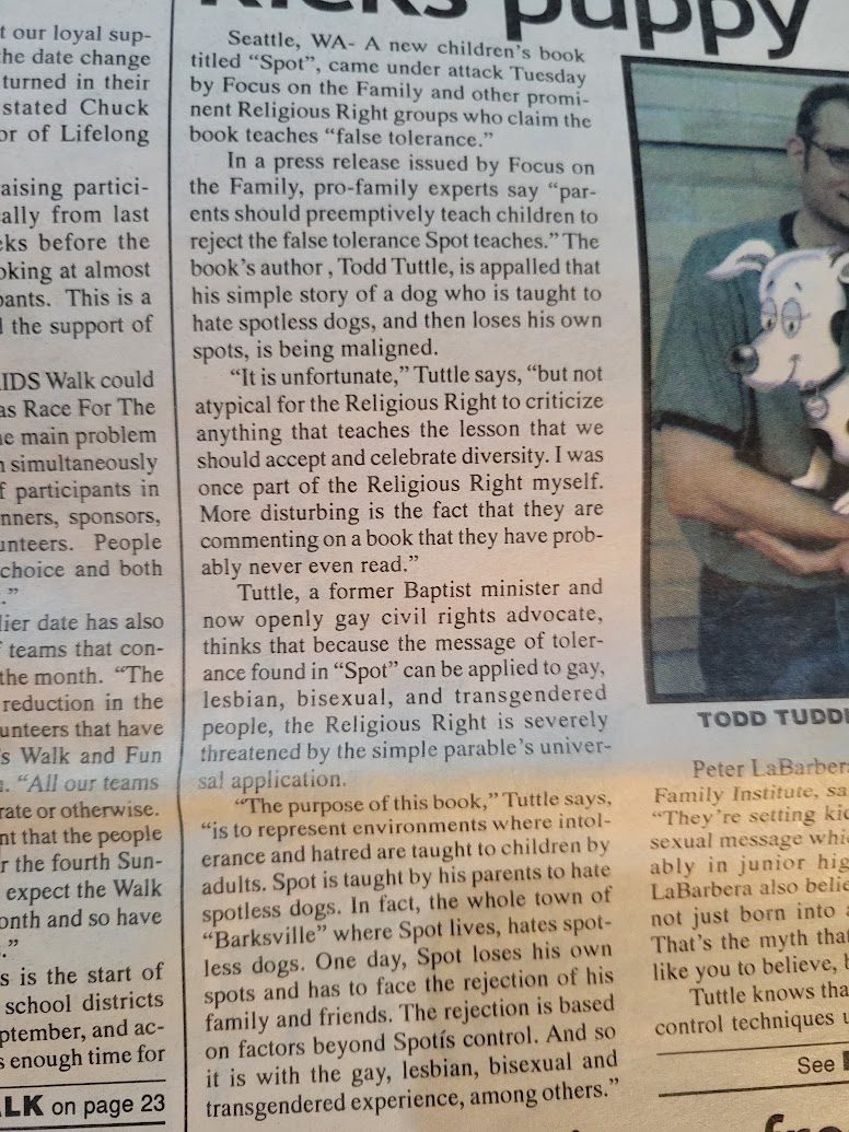 Seattle Gay News article headlined 'Religious Right kicks puppy'
